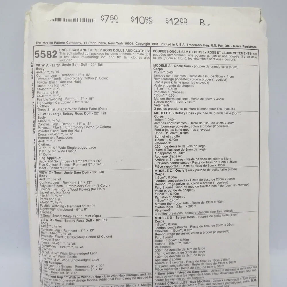 McCall's Crafts 5582 Uncle Sam Betsey Ross Dolls 22